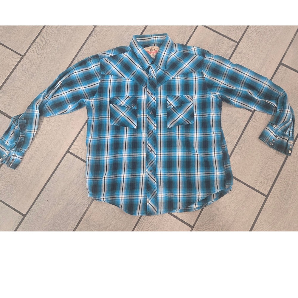 Wrangler Mens Blue Plaid Flannel Western Pearl Snap Shirt Large Cotton Cowboy